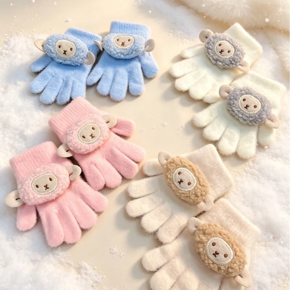 Cartoon Anti Cold Gloves Soft Knit Fabric Full Finger Structure Cartoon Sheep Gloves Lamb Applique Warm Five Finger Gloves