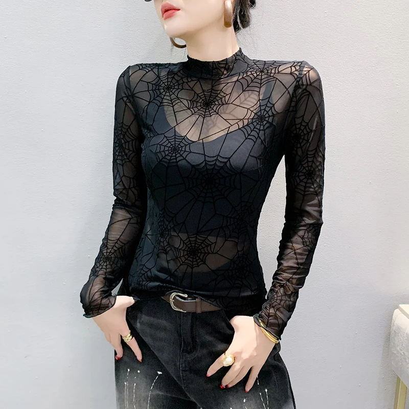 

2025,New,European,Clothes,Thin,T-shirt,Fashion,Sexy,Mock Neck,Flocking,Patchwork,Hollow Out,Women,Tops,Long Sleeve,Tees,41087