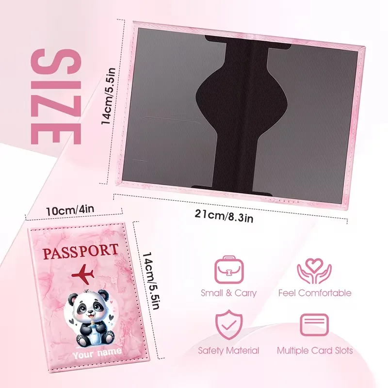 Personalized Name Custom Cute Panda Illustration Design PU Passport Holder, Adorable Panda Holding Heart Pattern Presents
