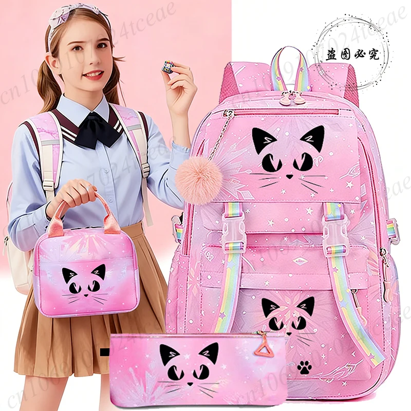 Conjunto de 3 peças com estampa de gato de anime: mochila, lancheira e estojo escolar, presente para meninas voltarem às aulas, mochila de lazer para adolescentes, bolsas de viagem.