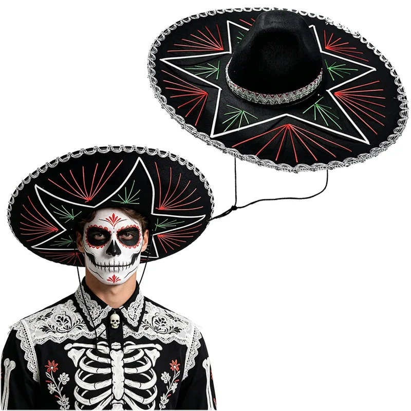 メキシコ死者の日手刺繍ワイドブリムメキシカンハットハロウィンパーティーコスプレ衣装小道具