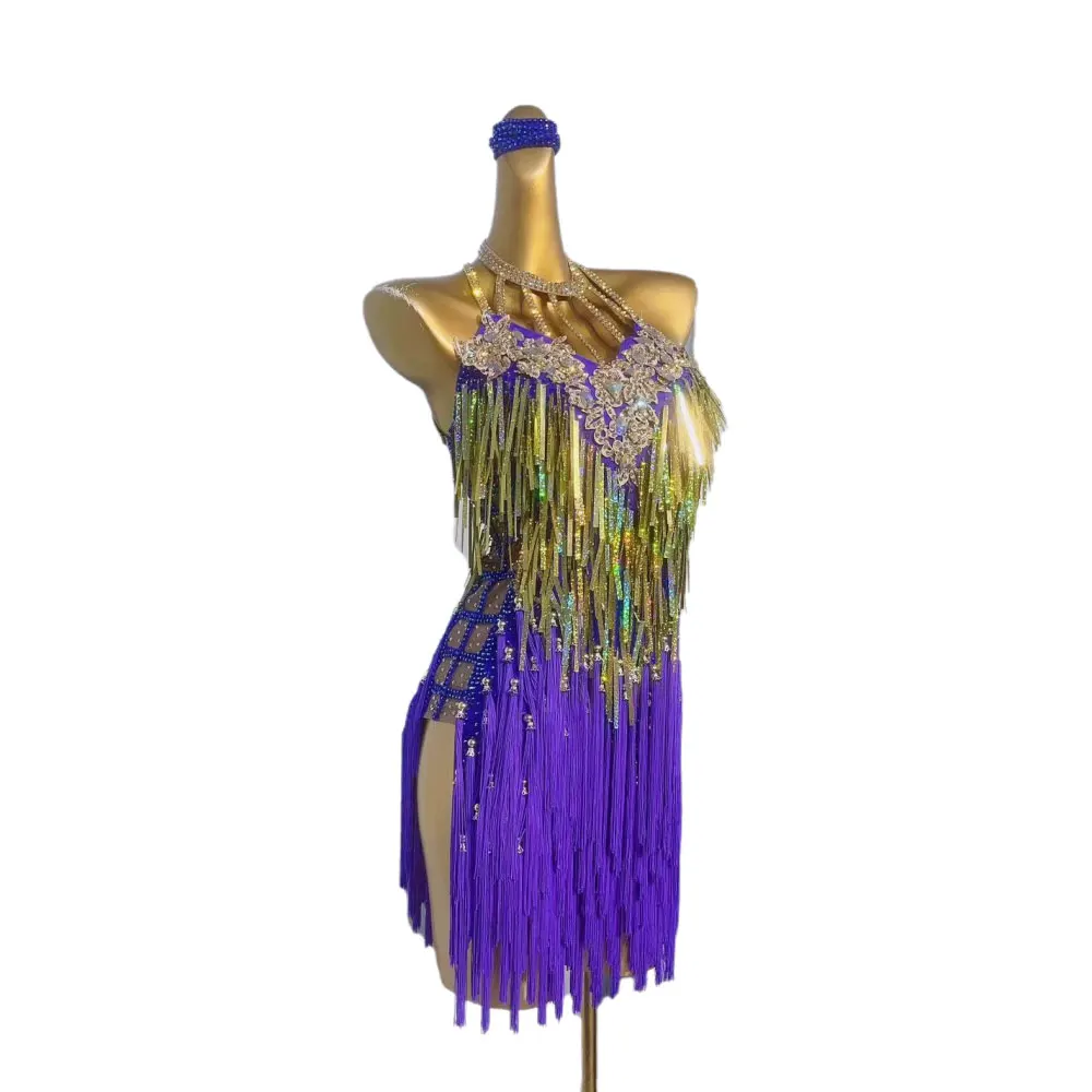 Latin Dance Stage Rhinestone Women's High-end Customized Gold Strap, Purple Tassel, American Samba Performance Costume Dress