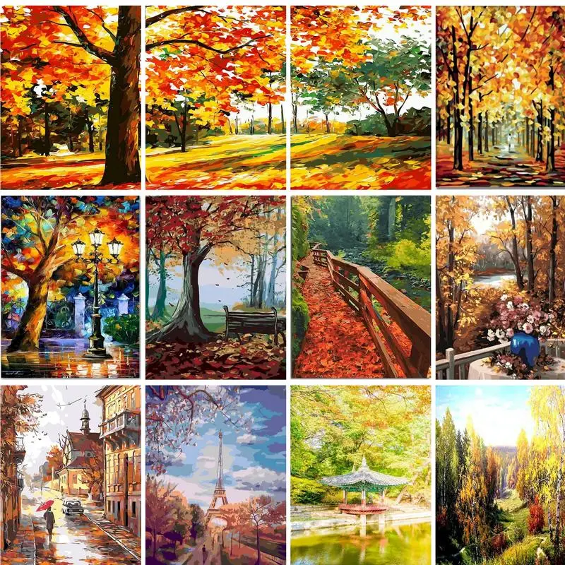 

GATYZTORY DIY Painting By Number Fall leaves Forest Drawing On Canvas Hand Painted Art Gift Coloring By Numbers Tree Kits Home D