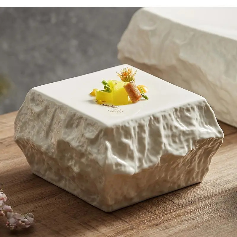 

Advanced Irregular Rock Pattern Dinner Plate White Square Ceramic Double Insulated Sushi Flat Art Deco Tableware