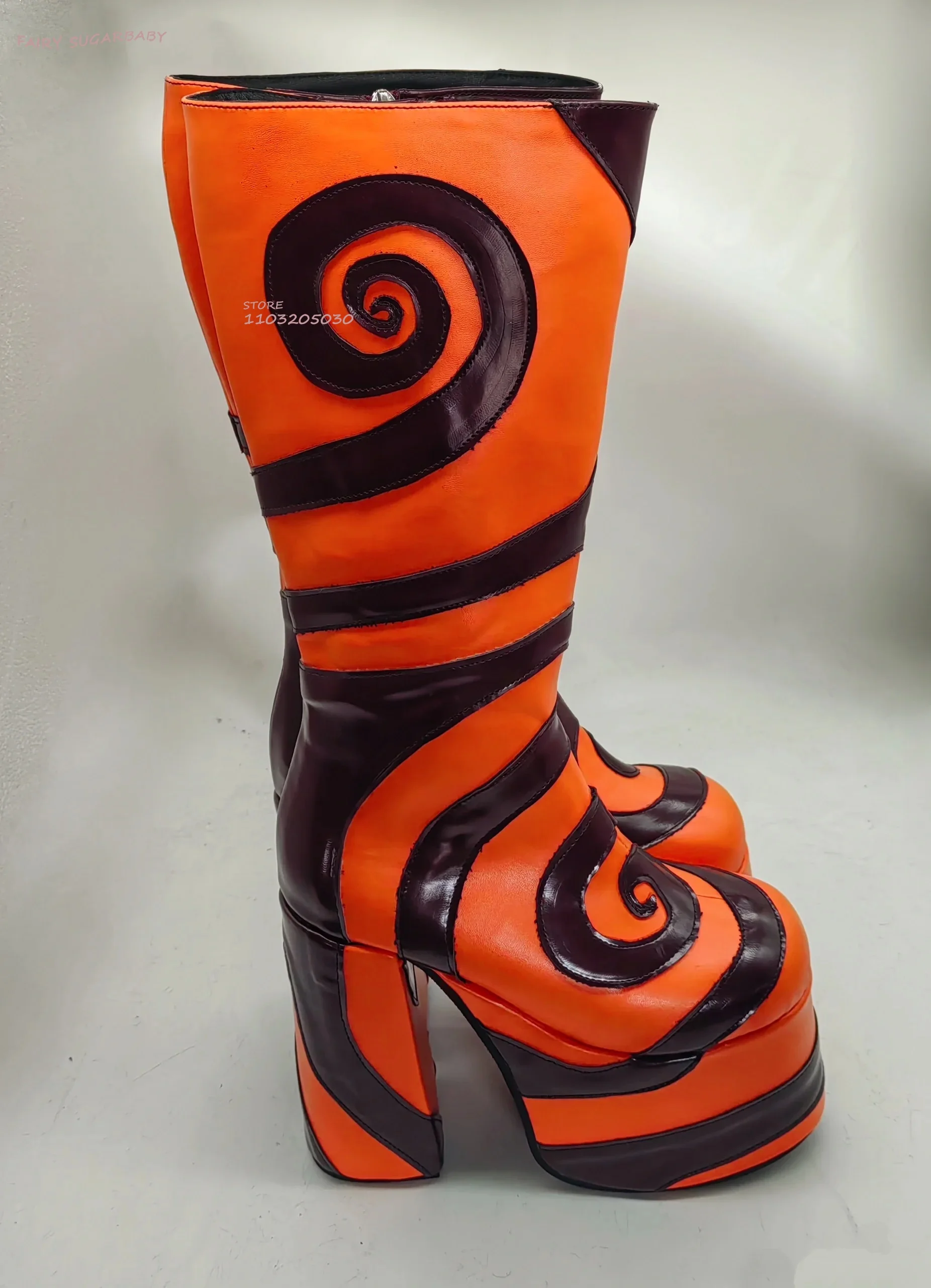 Orange Wavy Round Graffiti Tight Boots Women Platform Colored Leather Knee Red Patchwork Chunky Heel Garden Girl Shoes Spring