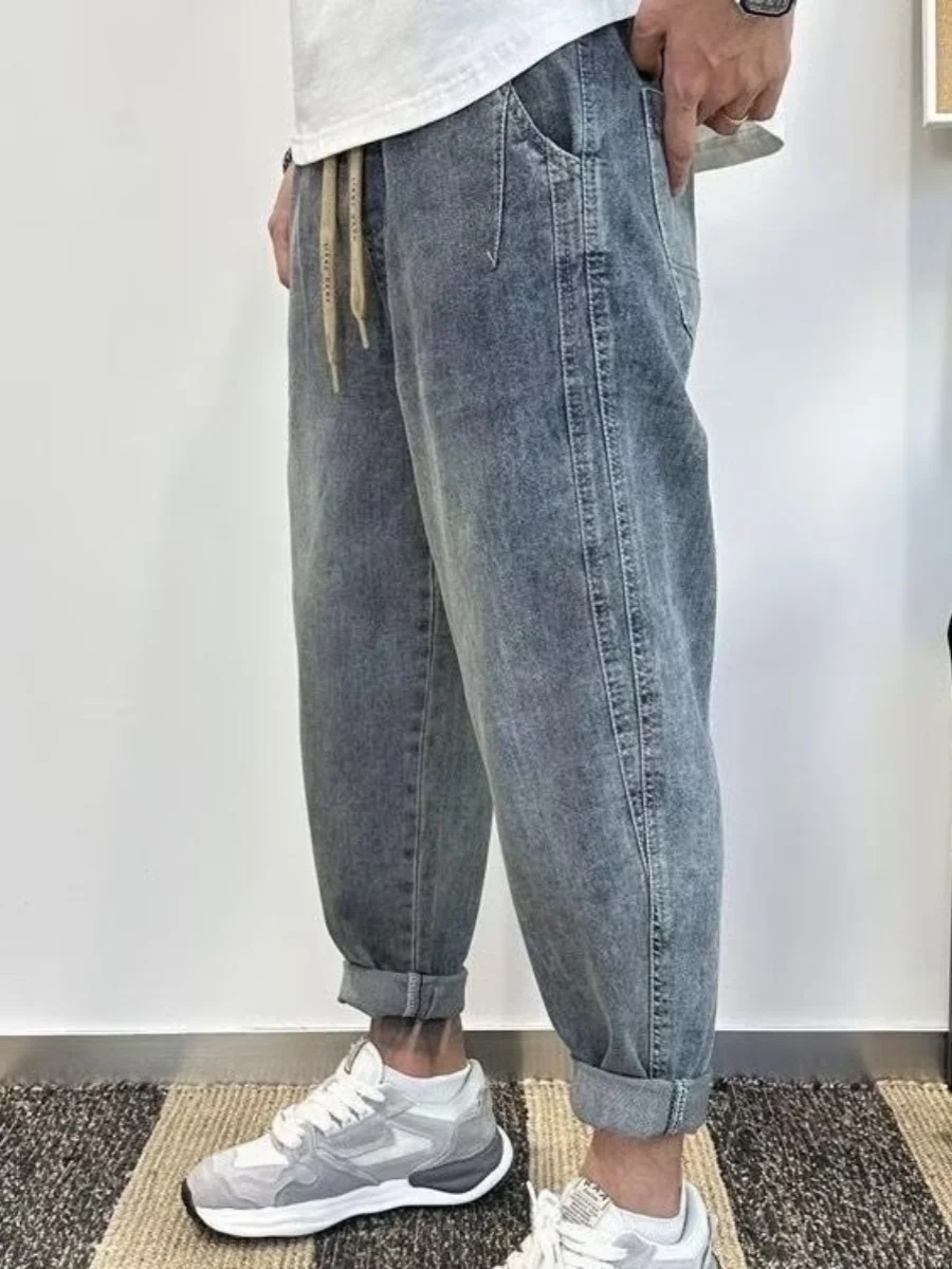 

Мужские джинсы свободного кроя на подкладке в стиле Харадзюку, повседневные прямые длинные брюки, зимние теплые хлопковые эластичные джинсовые брюки со средней талией