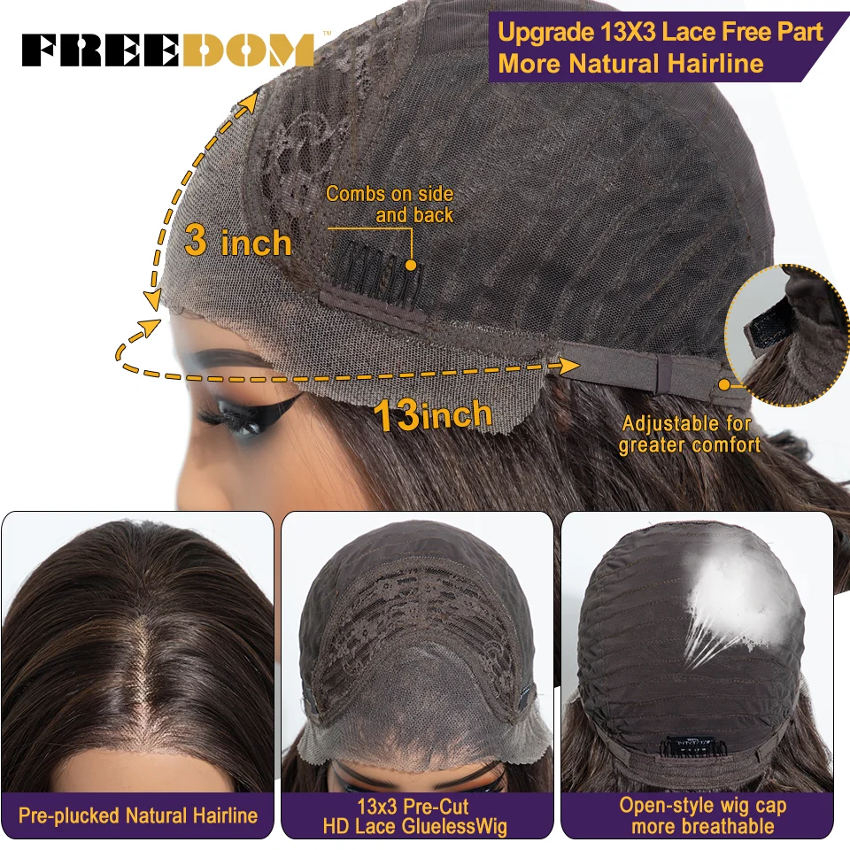 FREEDOM 13x3 Synthetische Lace-Front-Perücken für Damen, 16 Zoll, vorgefertigte Ombre-Braun-Perücken, vorgezupfte Lace-Perücken, sofort tragbare, natürlich gewellte Perücke – Detail 6