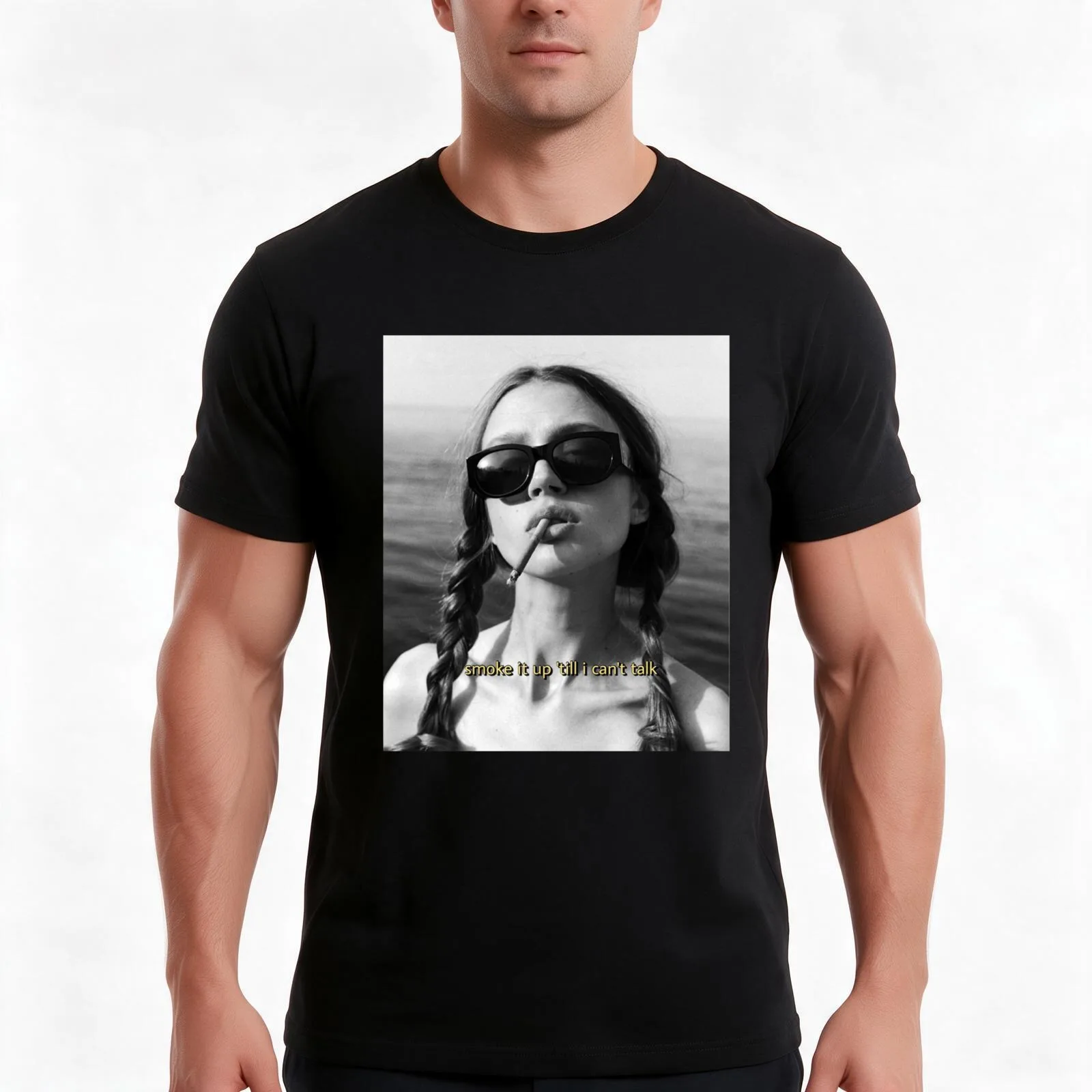 Smoke it up T'll I Can't Talk - Black And White Pretty Girl Smoking Cigarette T-Shirt Summer Casual Cotton Tee 100% Cotton