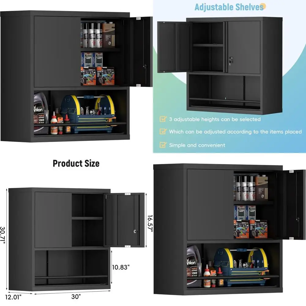 

Металлический настенный шкаф с регулируемыми полками для гаража, склада и офиса, черный