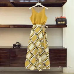 Bohemian Dress Suit for Women Suspender Vest Top High Waist Split Fork Printing Skirt Summer Holiday 2-Piece Sets 2024