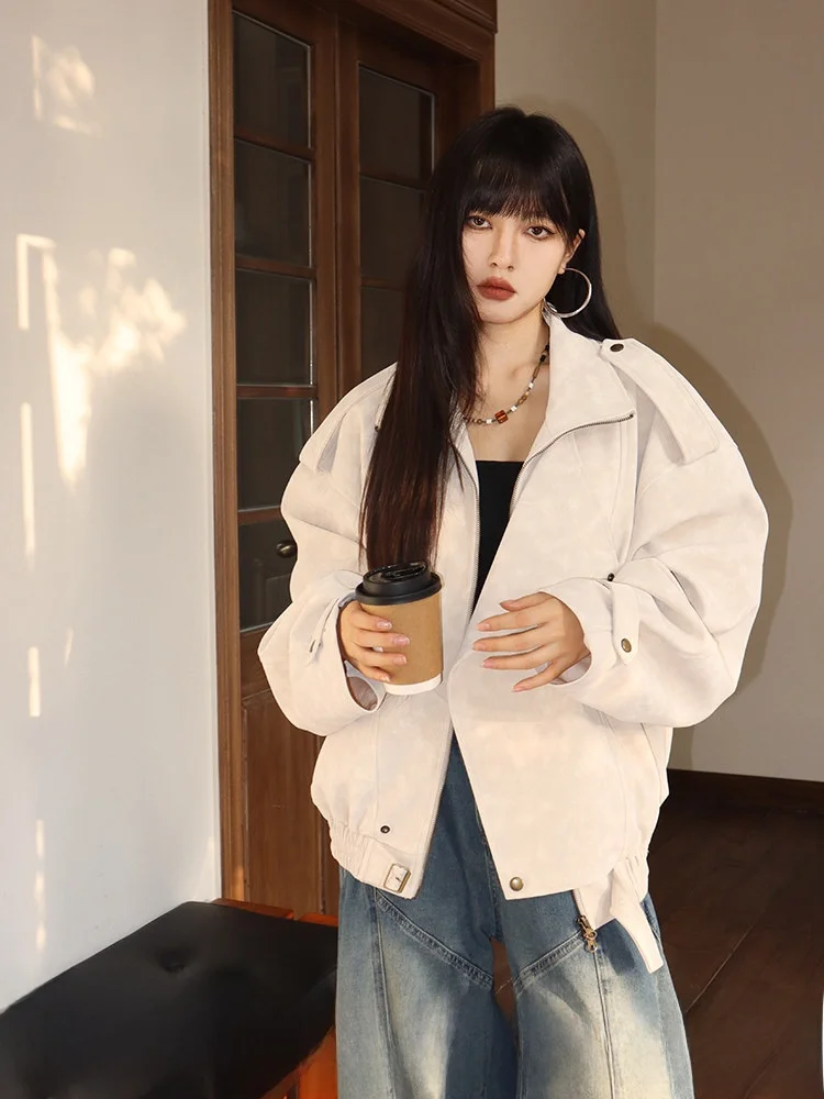 Jaqueta Feminina de Couro PU Macio, Estilo Pudong, Manga Longa, Caimento Solto, Elegante, para Outono Inverno