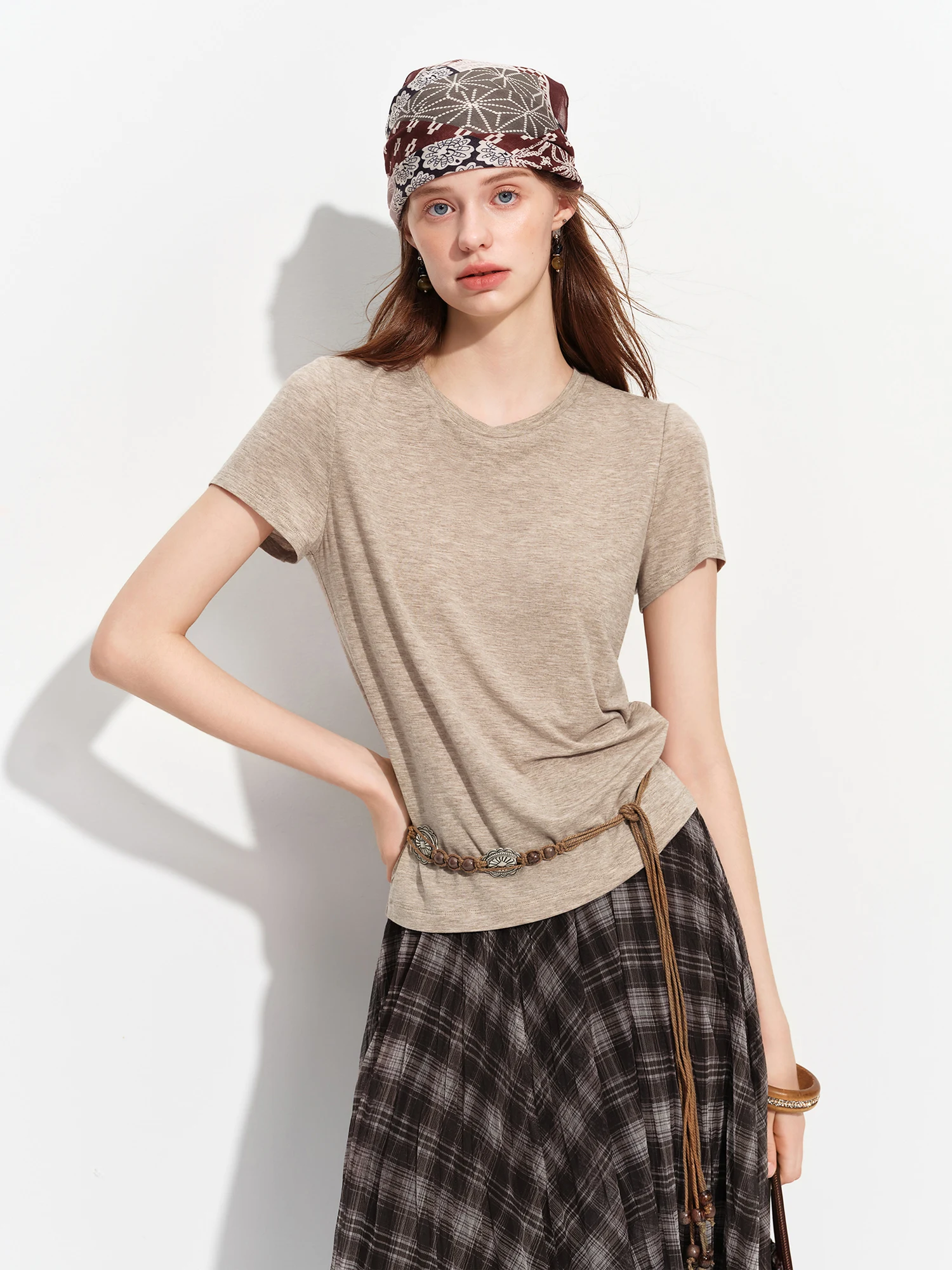 FSLE 2026 Summer Women's Soft Skin-Friendly Short Sleeve U-Neck & Round Neck Structured Shoulder Tee