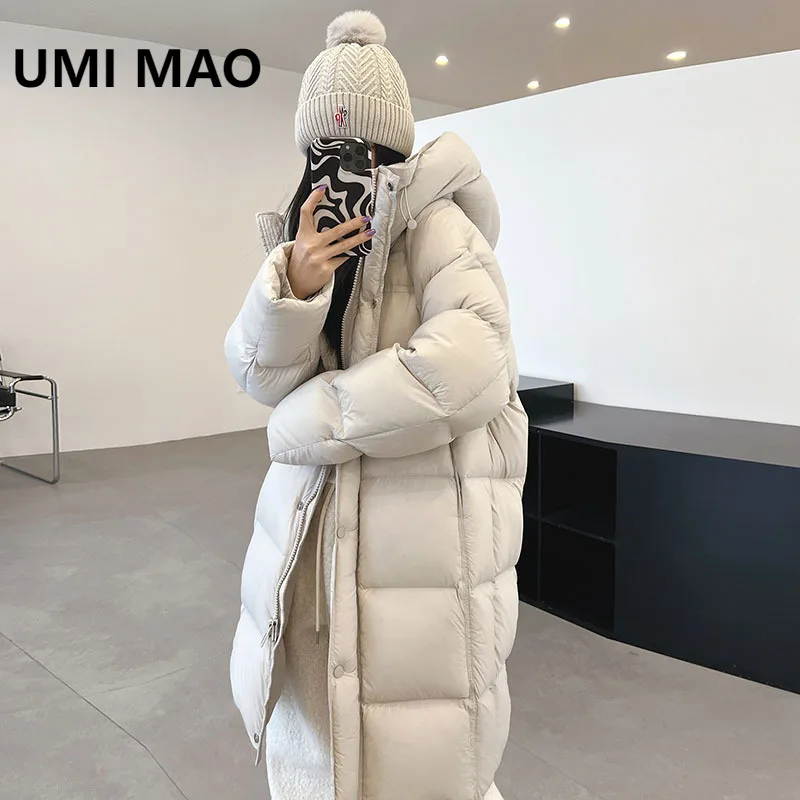 Umi mao grande colcha pato branco para baixo longo jaqueta feminina inverno nova moda puff sentir com capuz sobre o joelho jaqueta puff