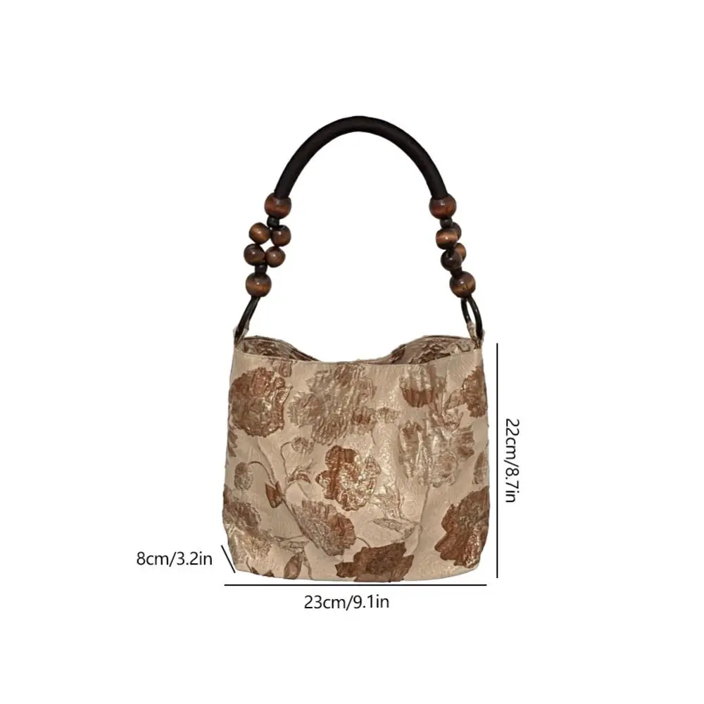 Bolso de hombro de tela Jacquard Retro de estilo chino, bolso de mano con cuentas de madera, bolso de mano con textura, Asa tejida