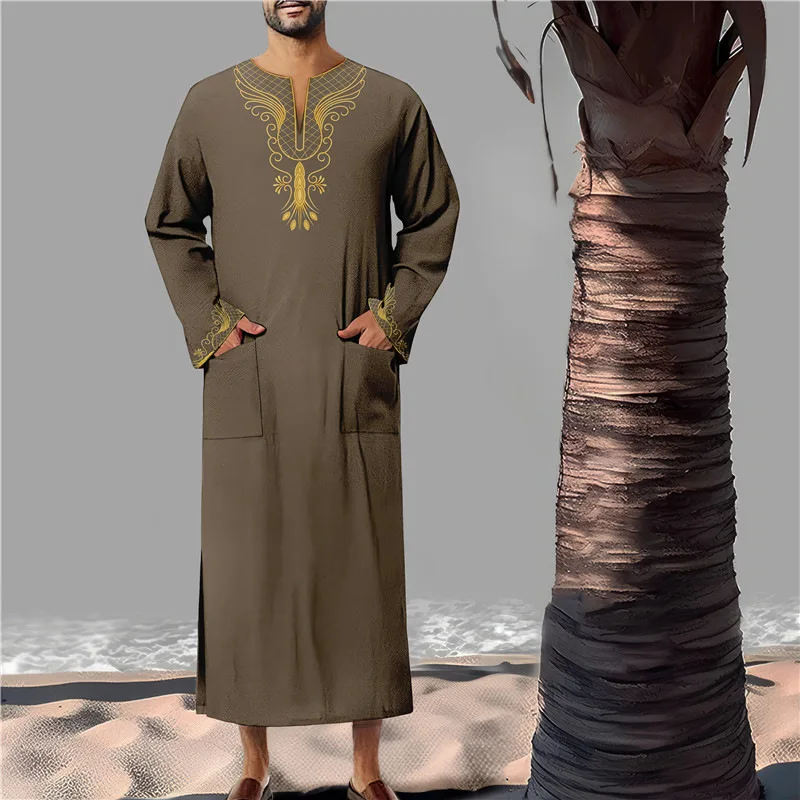 New Muslim Men's Long Sleeved Robe With Arabic Embroidery V-neck Design Loose And Breathable Color Blocked Robe