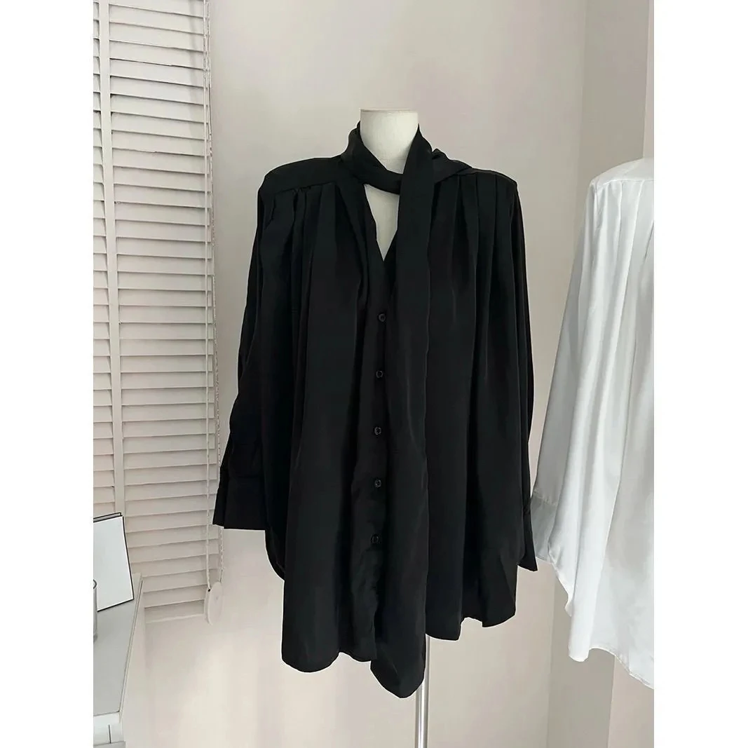 Ele Satin Wrap Ne V-Ne Draped Waist irt Dr Korean Sle Loose Fit Long Sve Pure Color Button Closure