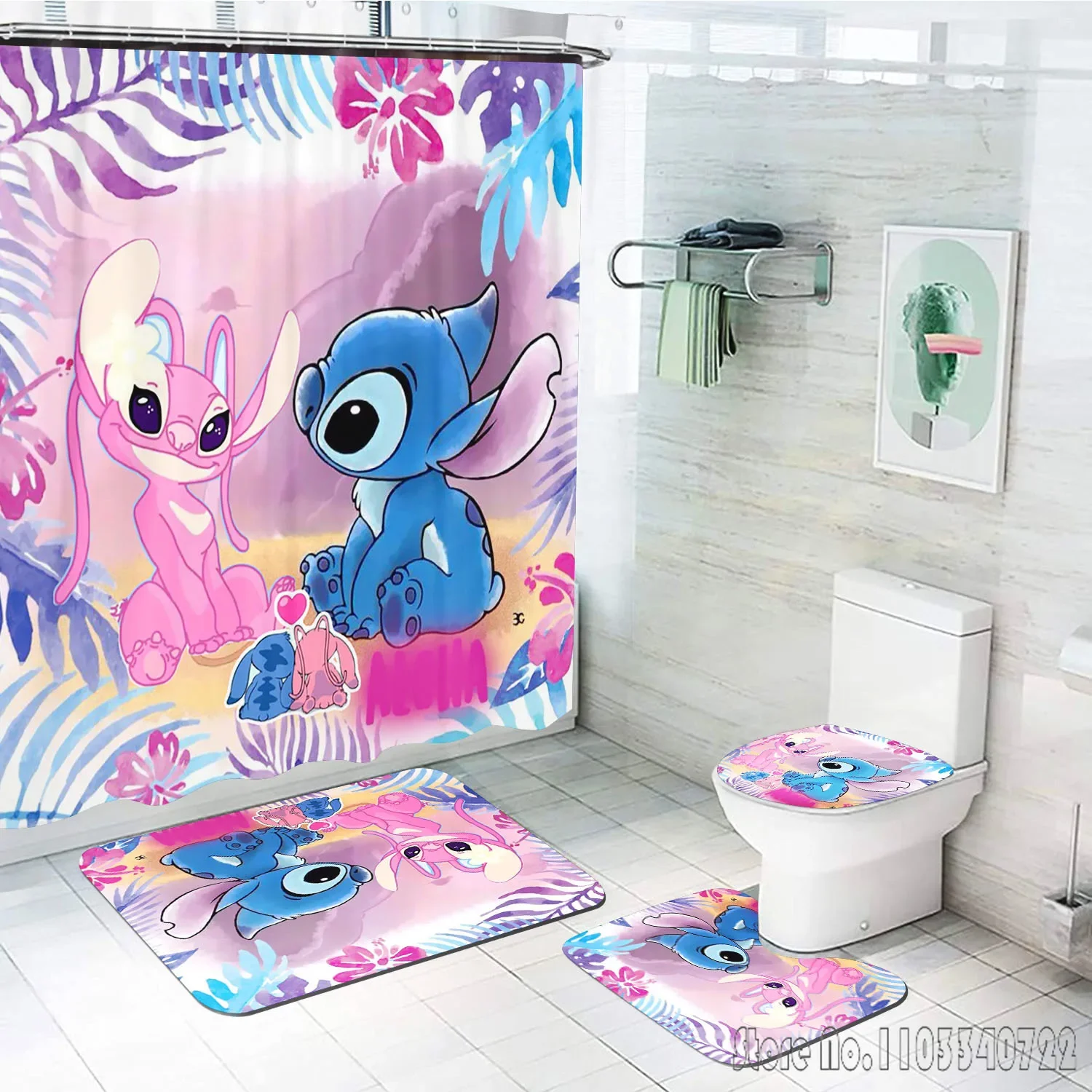 Set di tende da doccia da bagno Disney Stitch Anime 4 pezzi con ganci Decorazione del coperchio del tappetino da bagno impermeabile