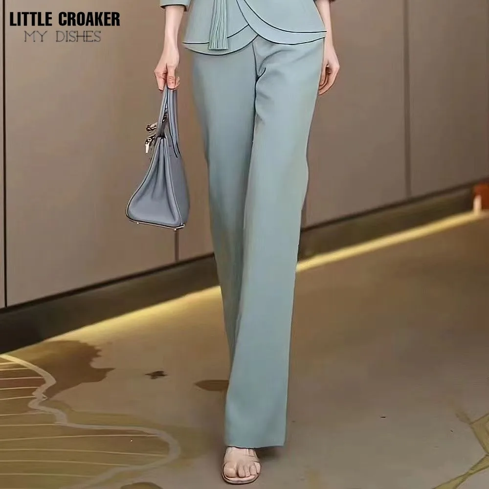 Designer Chinese Sky Blue 2 Pieces Pants Suit for Wedding Formal Occasion Women Ladies Evening Party Tuxedos Formal Work Wear