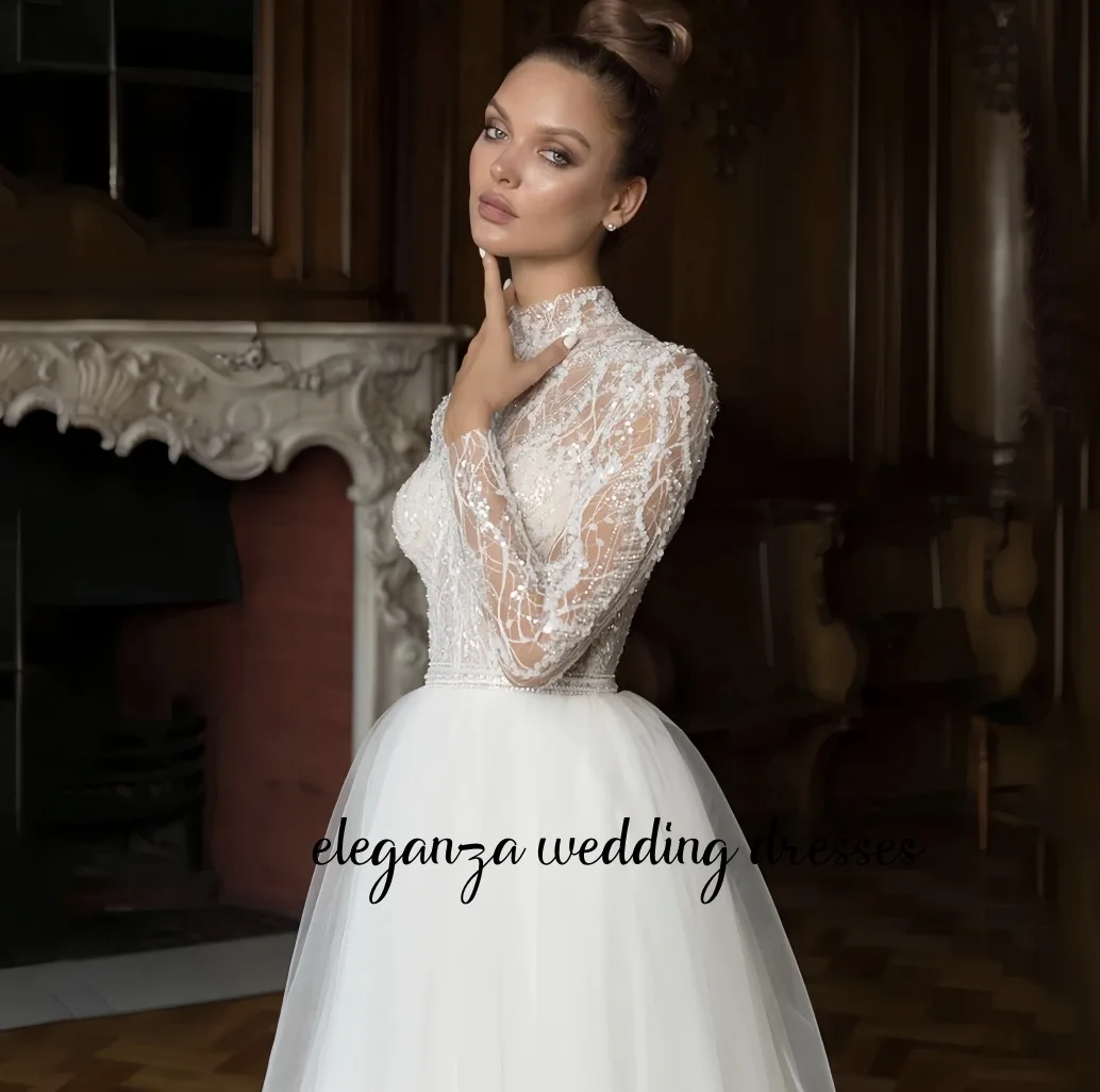 Кружевное свадебное платье с бисером по индивидуальному заказу, с высоким воротом, трапециевидной формы, из тюля, длиной до пола, с длинными рукавами, иллюзия, Vestidos De Novia 2025