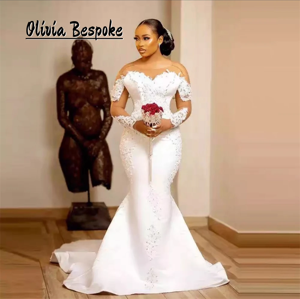 

Graceful Aso Ebi Mermaid Wedding Dress 2025 Beads Lace Applique Long Sleeves African Bridal Gown robe de mariée Customized