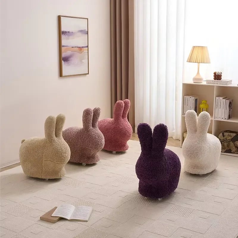 Creative bunny children's stool cartoon animal modeling fabric seat with wheels Internet celebrity living room decoration