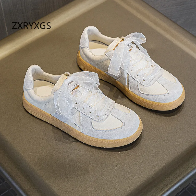 ZXRYXGS 2026 Color Blocking Splicing Real Leather Sneaker Fashion Casual Shoes Flat Comfort Soft Plus Size Women's Travel Shoes