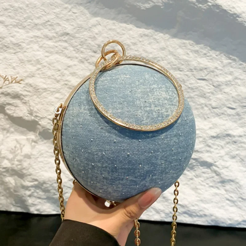 Luxury Designer Women Top Handle Ball Box Bags Chain Handbags Glitter Crystal Blue Crossbody Bags Evening Clutch Coin Wallet