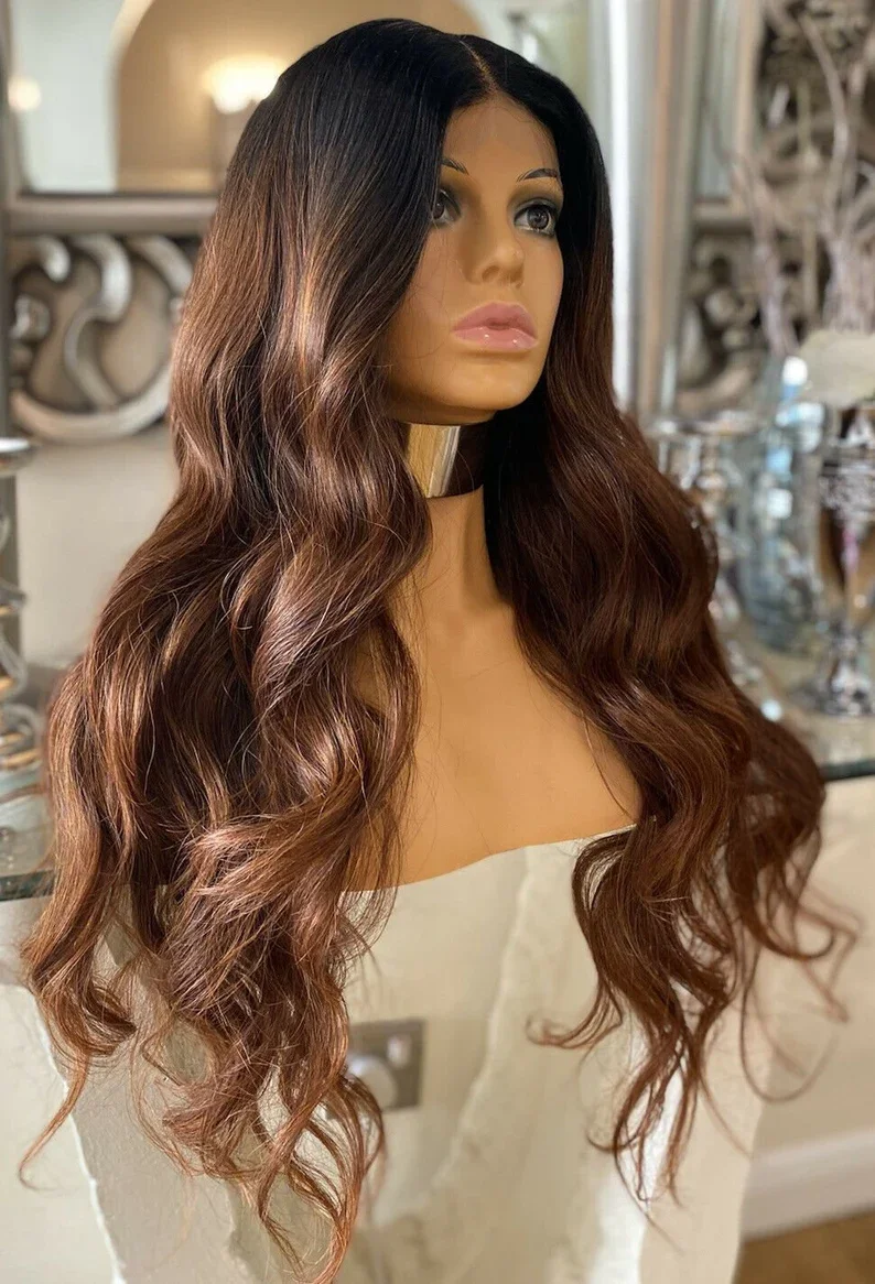 Ombre Brown 28‘’ Long 5x5 Silk Base Wave Jewish Human Hair Wig With Baby Hair HD Lace European Hair Glueless Preplucked  Daily