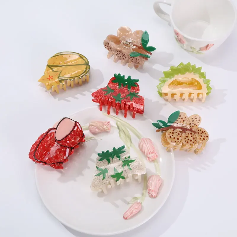 Cartoon Summer Fruit Hair Claw Sweet Food Strawberry Durian Litchi Crab Hair Clip for Woman Girls Hairpins Hair Accessories