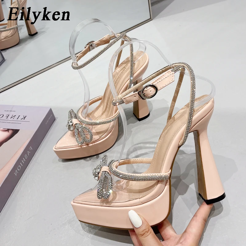 Eilyken PVC Transparent High Heels Women Pumps Fashion Butterfly-knot Crystal Pointed Toe Platform Chunky Party Prom Shoes