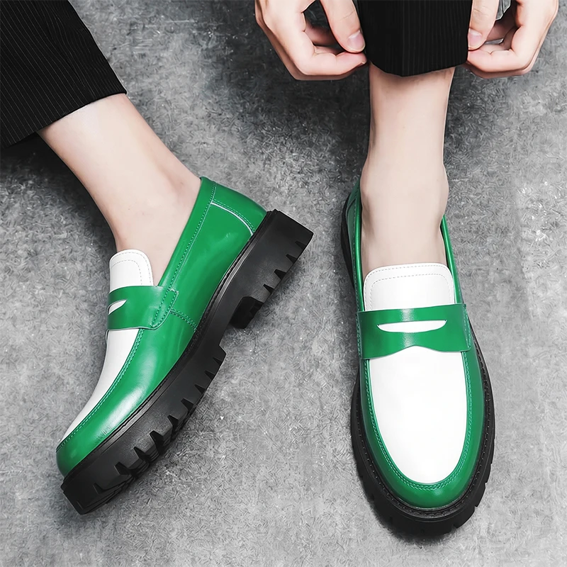 2026 British Style Men's Comfortable Thick Soled Casual Leather Shoes Fashionable Brand Low Cut Color Blocked Loafers for Men