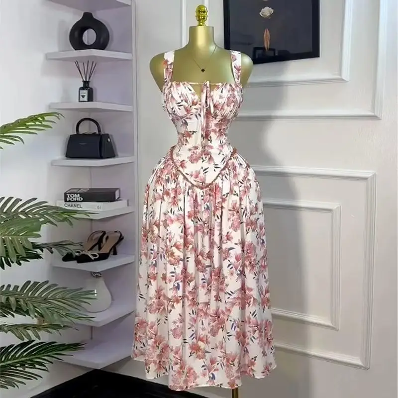 Sexy imprimé fleuri Bal Strapl Dr Fre doux Sle jupe longue taille haute printemps été trajet approprié Maxi Dr