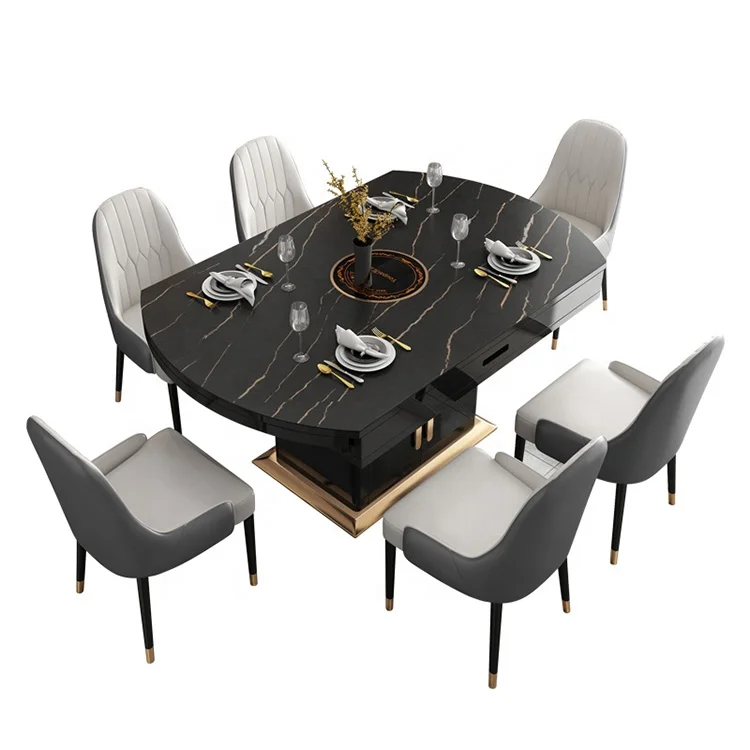

#Extensible round folding stainless steel tempered glass rock dining table with induction cooker imported rock slab