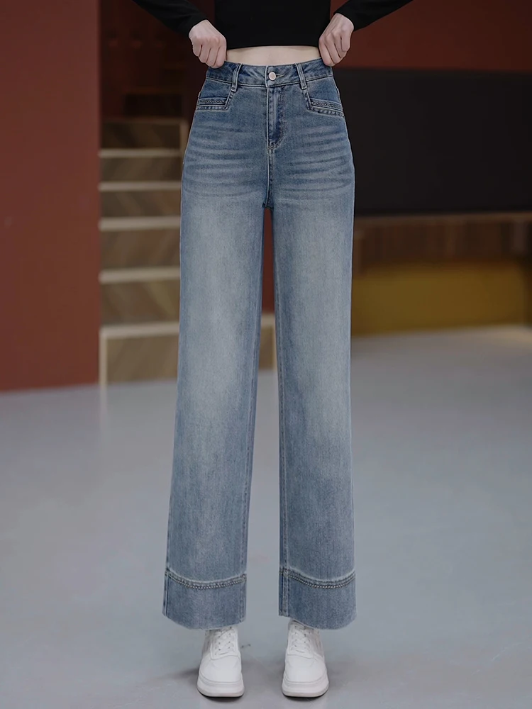 

Женские джинсы с высокой талией и широкими штанинами, повседневные, свободного прямого кроя, укороченные, весна-осень, новый стиль, корейский стиль, из смесового хлопка