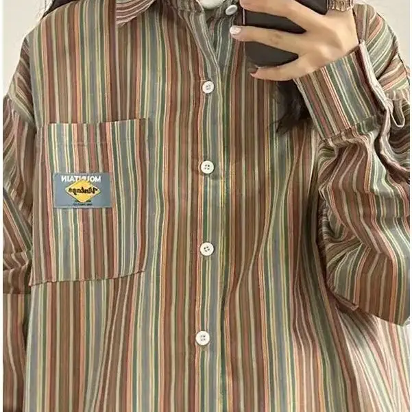 Camisa listrada retrô feminina, manga comprida étnica, blusa casual chique e versátil, roupa macia para o trabalho, outono