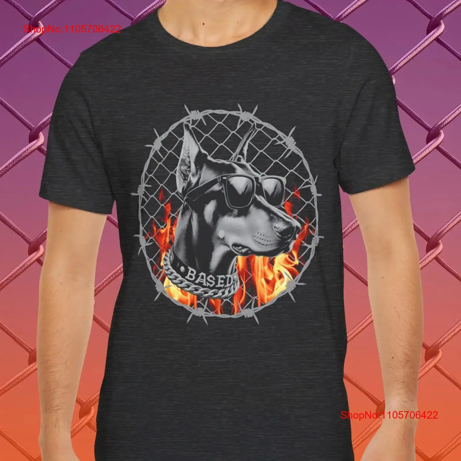 Based Doberman T Shirt Cool Dog Flames Chainlink Fence Barbed Wire Streetwear Trendy Shirtn Sunglasses Pet vintage Washed homme