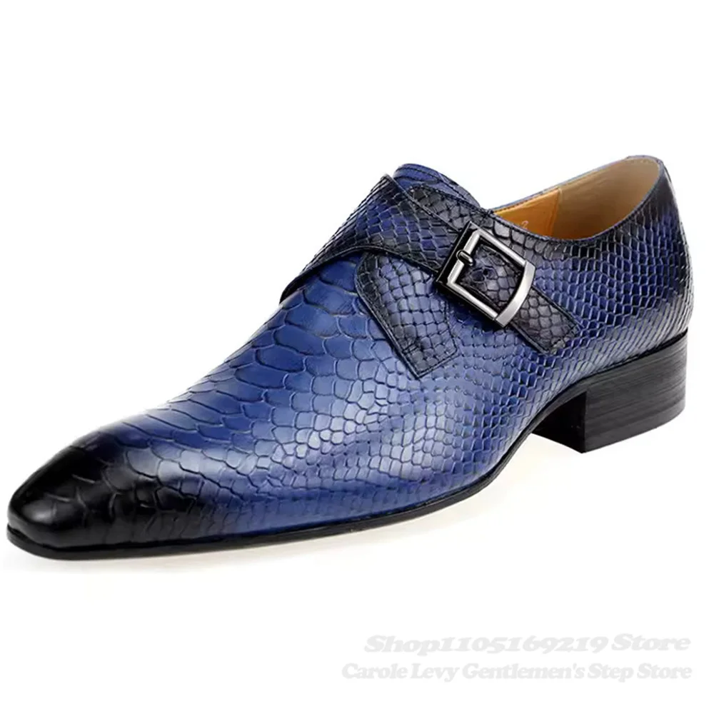 Luxury Business Men's Snake Print Genuine Leather Cowhide Shoes Pointed Toe Wedding Banquet Formal Office Buckle Strap Shoes