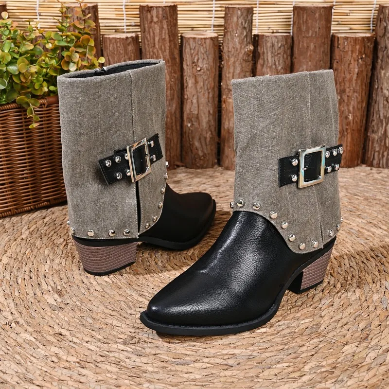 2026 Summer New Coarse Heel Slimming Pointed Pants Stacked Western Cowboy Middle Boots