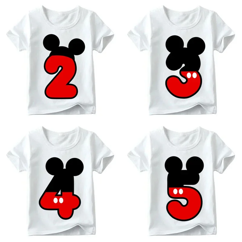 Funny T-shirt for Mickey Minnie Print Baby Boys/girls Happy Birthday Bow T-shirts Number 1-9 Children Cute Print Kids Clothes