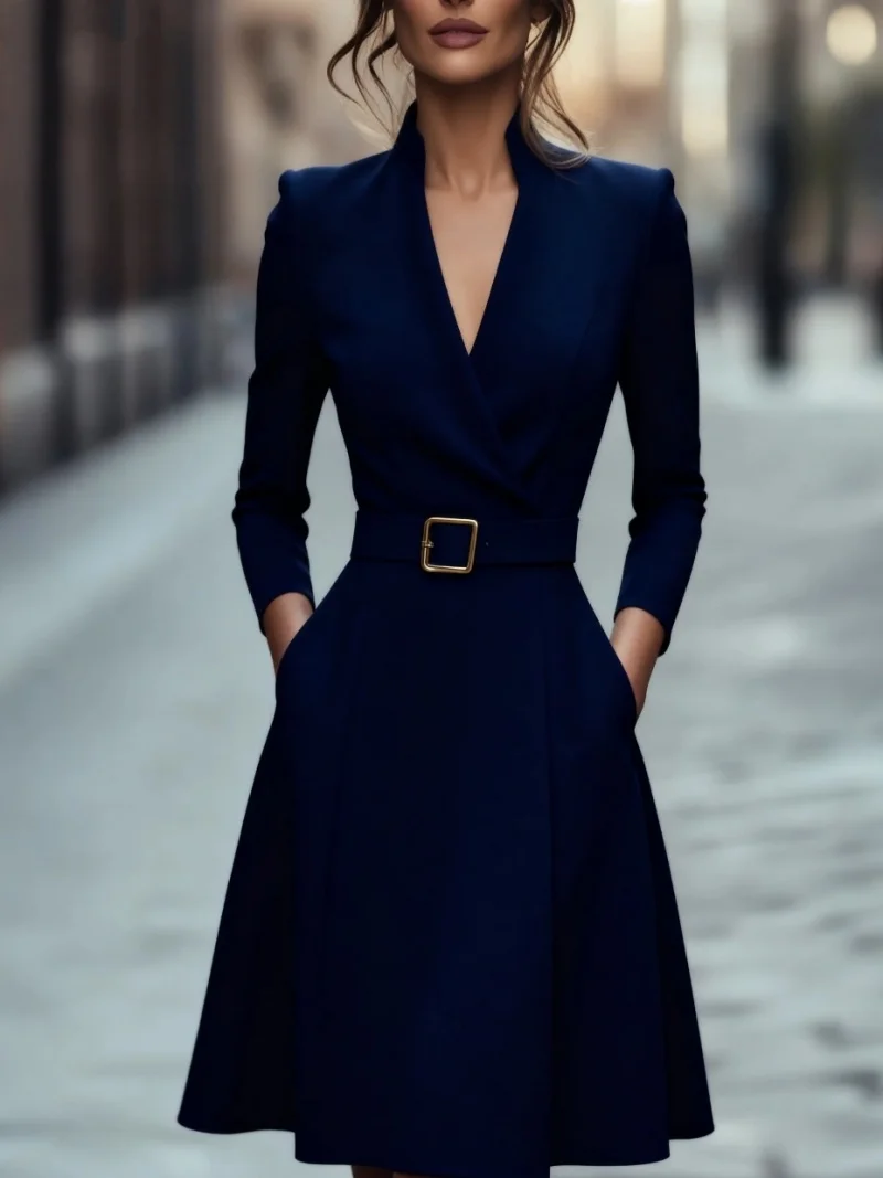 Autumn and winter temperament commuting waist slimming V-neck long-sleeved A-shaped medium-long belt skirt for women - Image 6