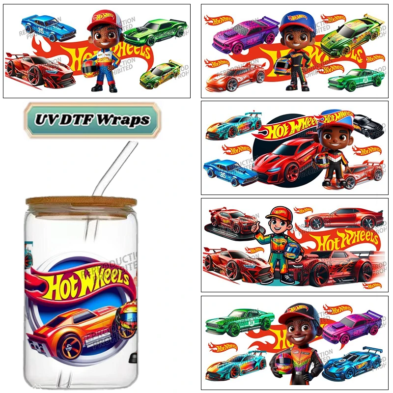 Racing Car UV DTF Wraps Colorful Race Car & Driver Stickers for 16oz Glass Cans Waterproof DIY Transfer Decals