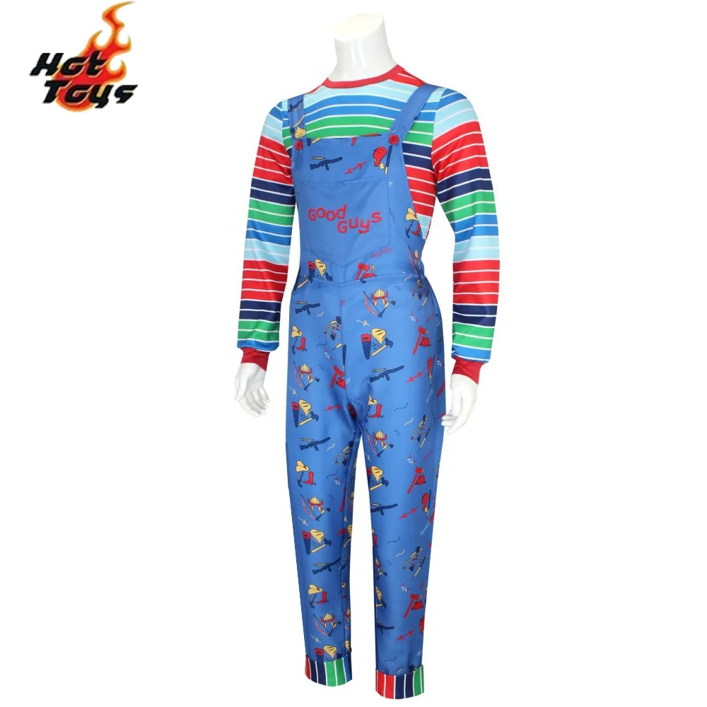 Costume di Halloween Chucky boy girl Play tuta da cartone animato blu con camicia a righe per Costume Cosplay Chucky adulto