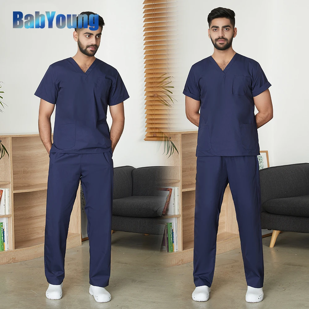 

Anesthesiologist Surgical Gown Short Sleeve Scrub men's V-neck Pharmacy Suit Dentist Hospital Doctor Nurse Work Clothes Unisex