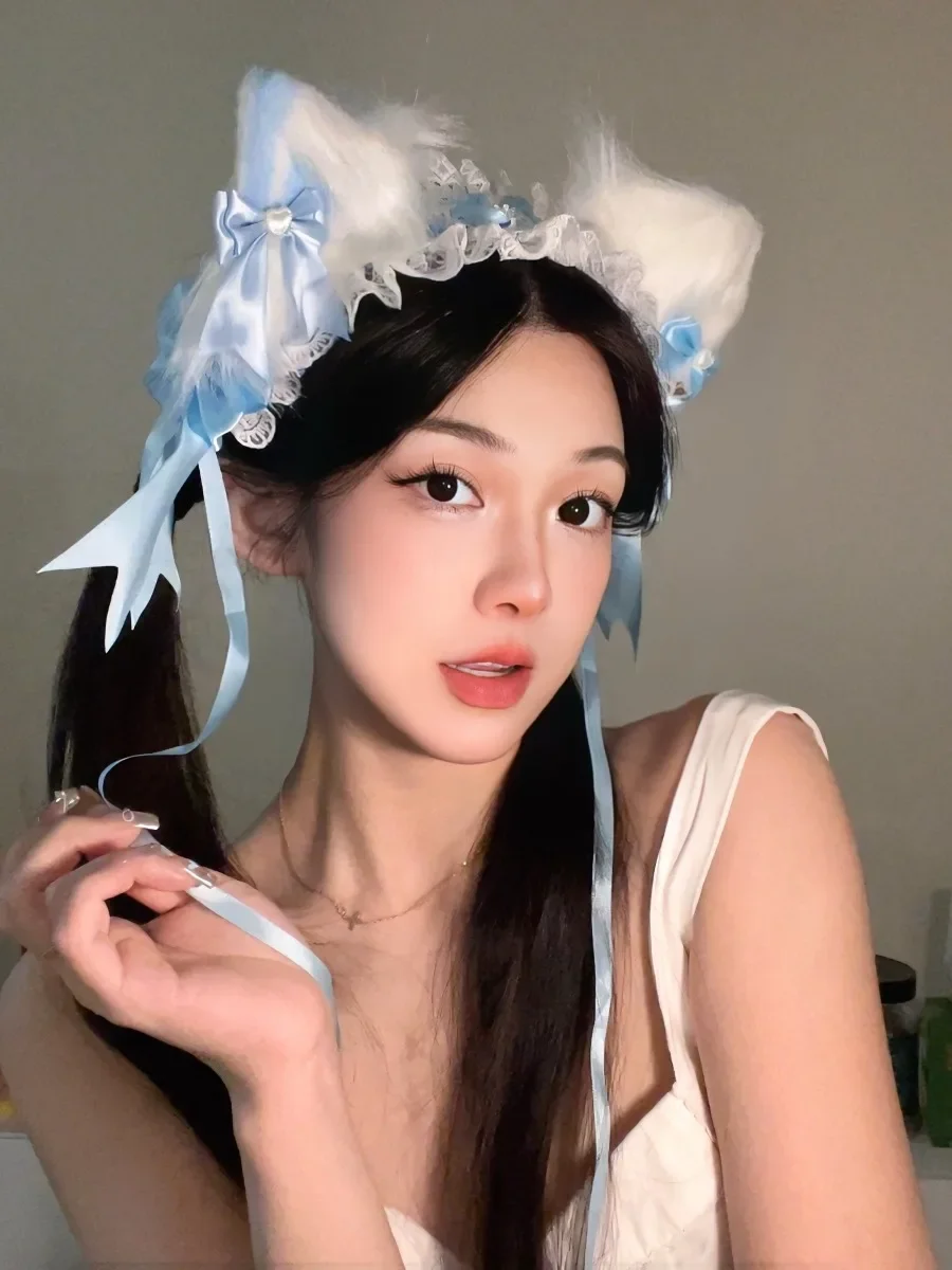 1PC Kawaii Kat Oren Hoofdband Kant Boog Hoofd Wrap Lolita Bruiloft Cosplay Meid Hoofdtooi Vrouwen Meisjes Anime Haaraccessoires