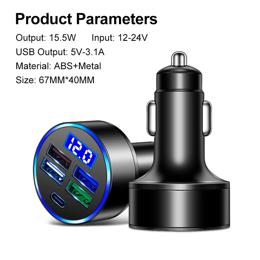 3.1A 4 USB Car Charger Cigarette Lighter Adapter PD Type C Car USB Charger With LED Fast Charging For Smartphone Mobile Phone