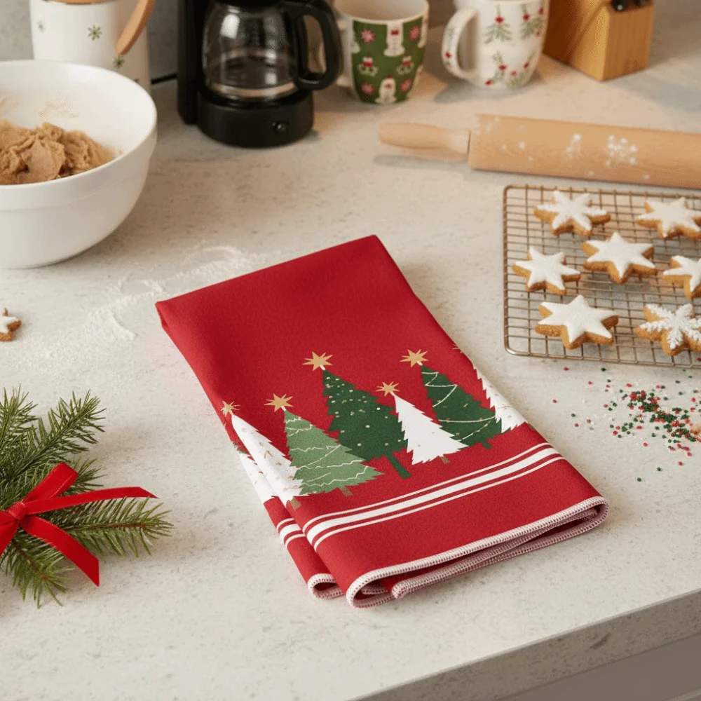 2PCS Star Christmas Tree Pattern Merry Christmas Kitchen Towel Water-absorbent Washable Dish Washing Cloth Fade-resistant