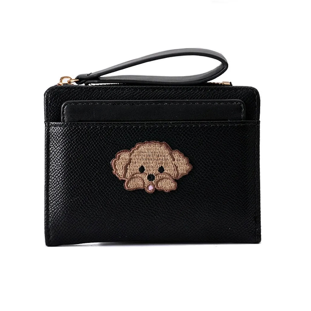 

Embroidery Women's Short Wallet PU Leather Large Capacity Multi Slots Card Holder Coin Purse Zipper Pocket with Wristband