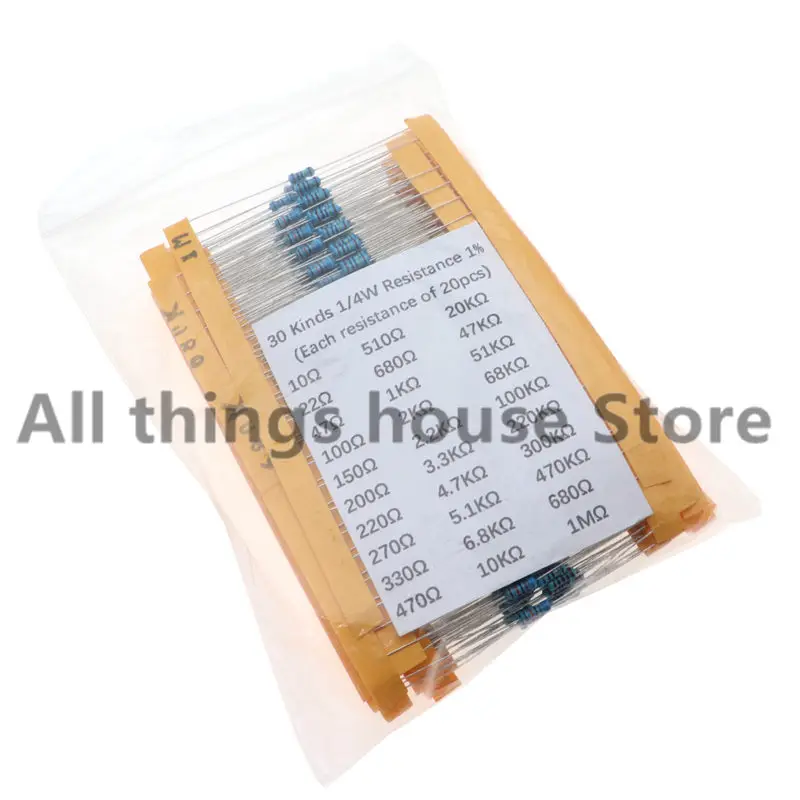 

600pcs/set 30 Kinds Each 20pcs 1/4W Resistance 1% Metal Film Resistor Pack Assorted Kit 1K 10K 100K 220 ohm 1M 100R Resistors