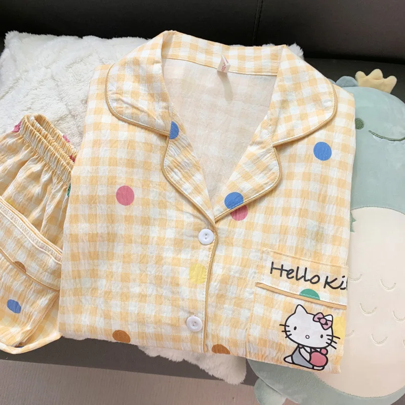 Kawaii Women Pajamas Set Anime Hello Kitty Long Sleeves Pants Cartoon Spring Autumn Nightgown Girls Student Home Clothing Set