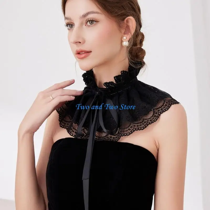 Hx6f ruffle renda berdiri kerah palsu dengan pita untuk wanita victorian leher terlepas ruff dekoratif selendang hitam cape